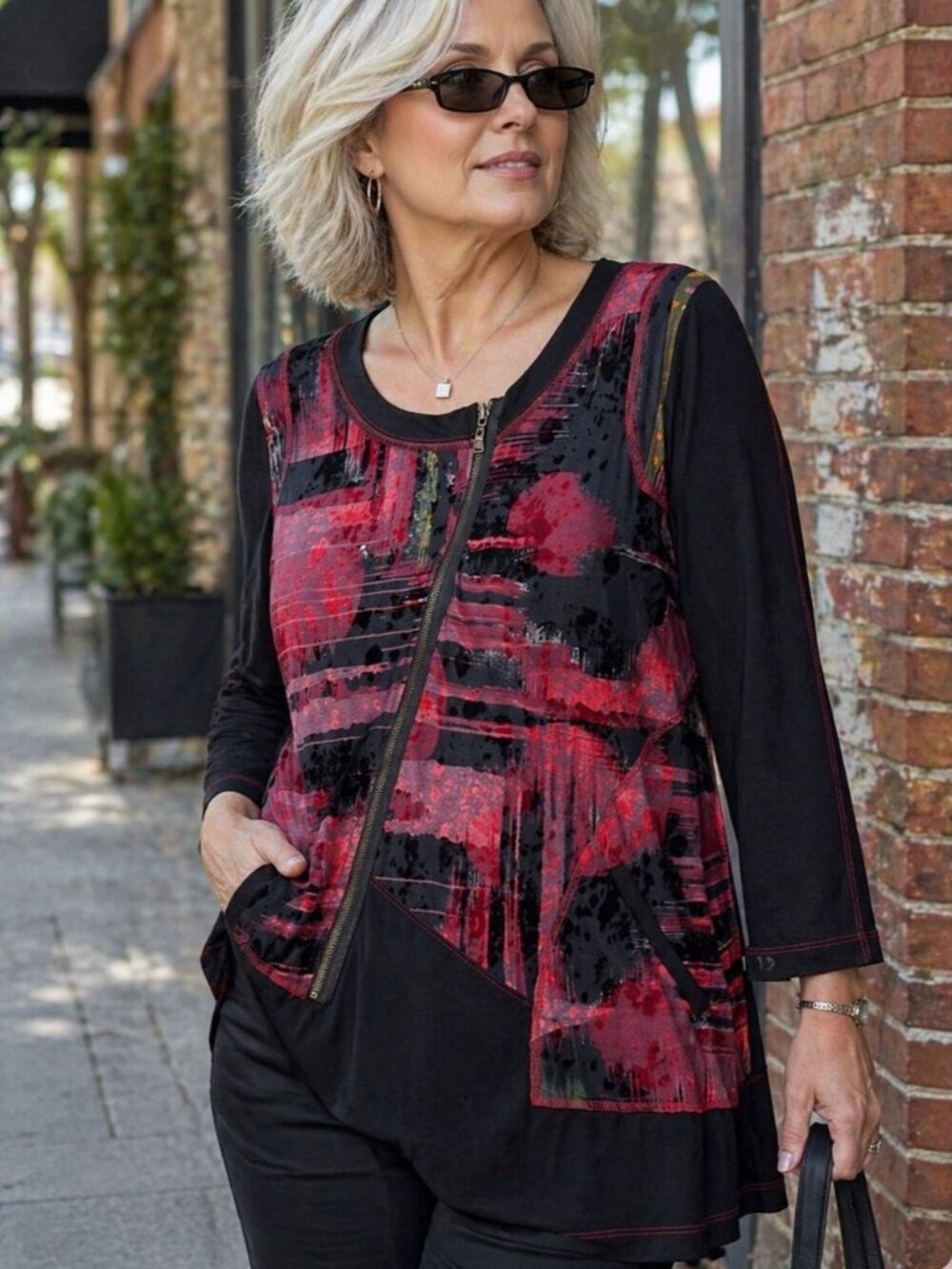 Dolcezza Abstract Art Top Black Red Asymmetrical Zip Tunic Small Art To Wear